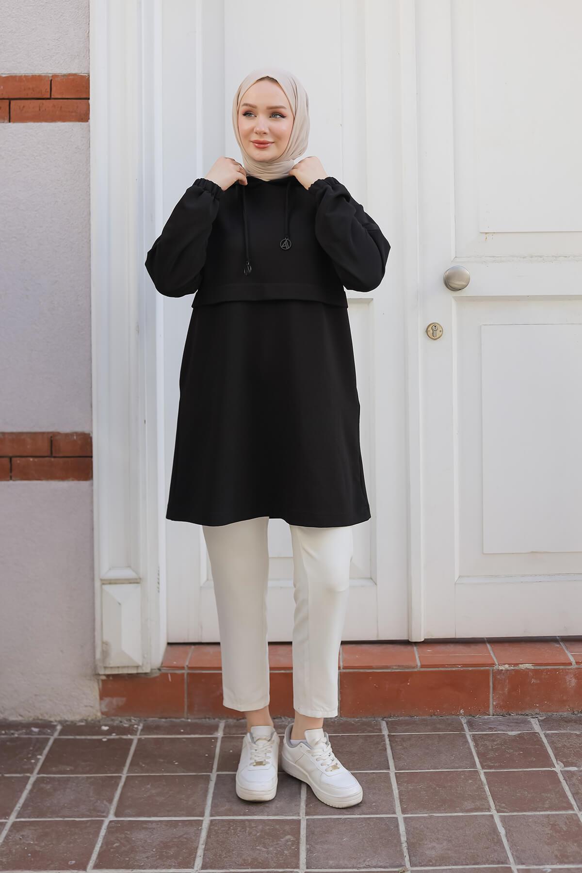 ARMİNE TREND Kapüşonlu Kolları Lastikli Tunik Siyah 25KT462