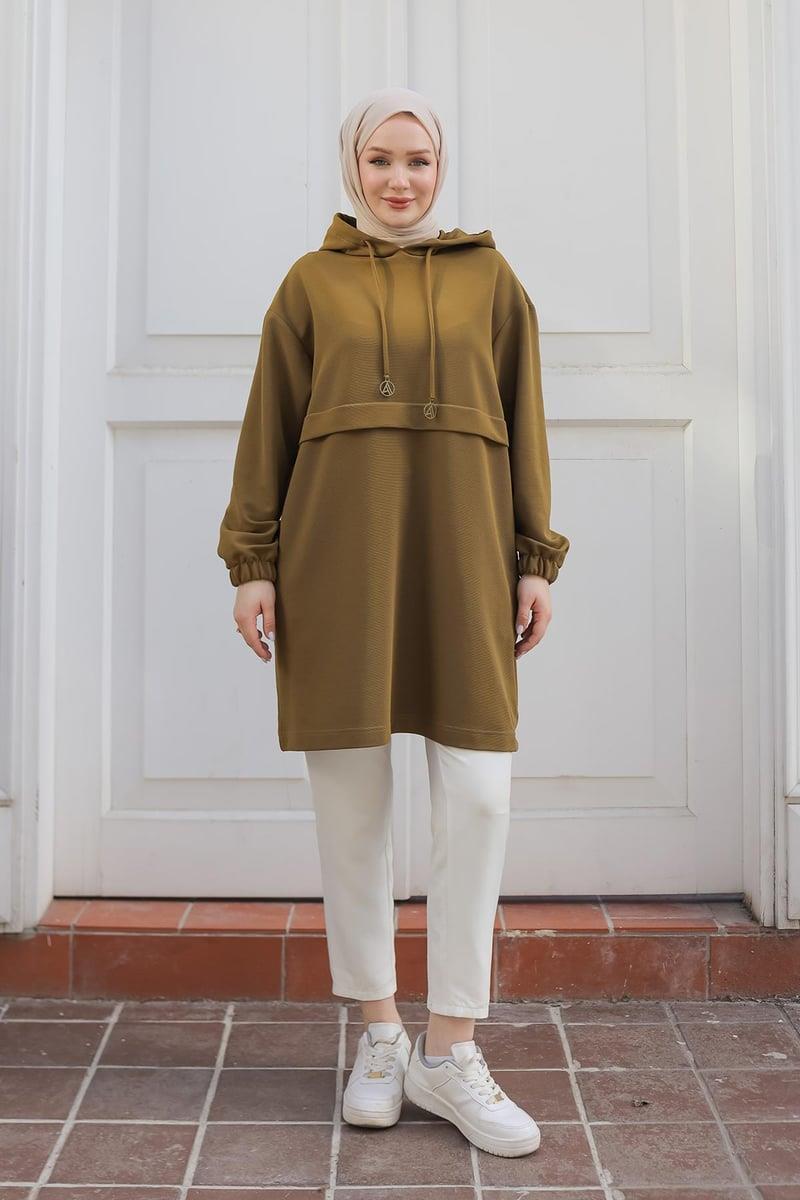 ARMİNE TREND Kapüşonlu Kolları Lastikli Tunik Haki 25KT462
