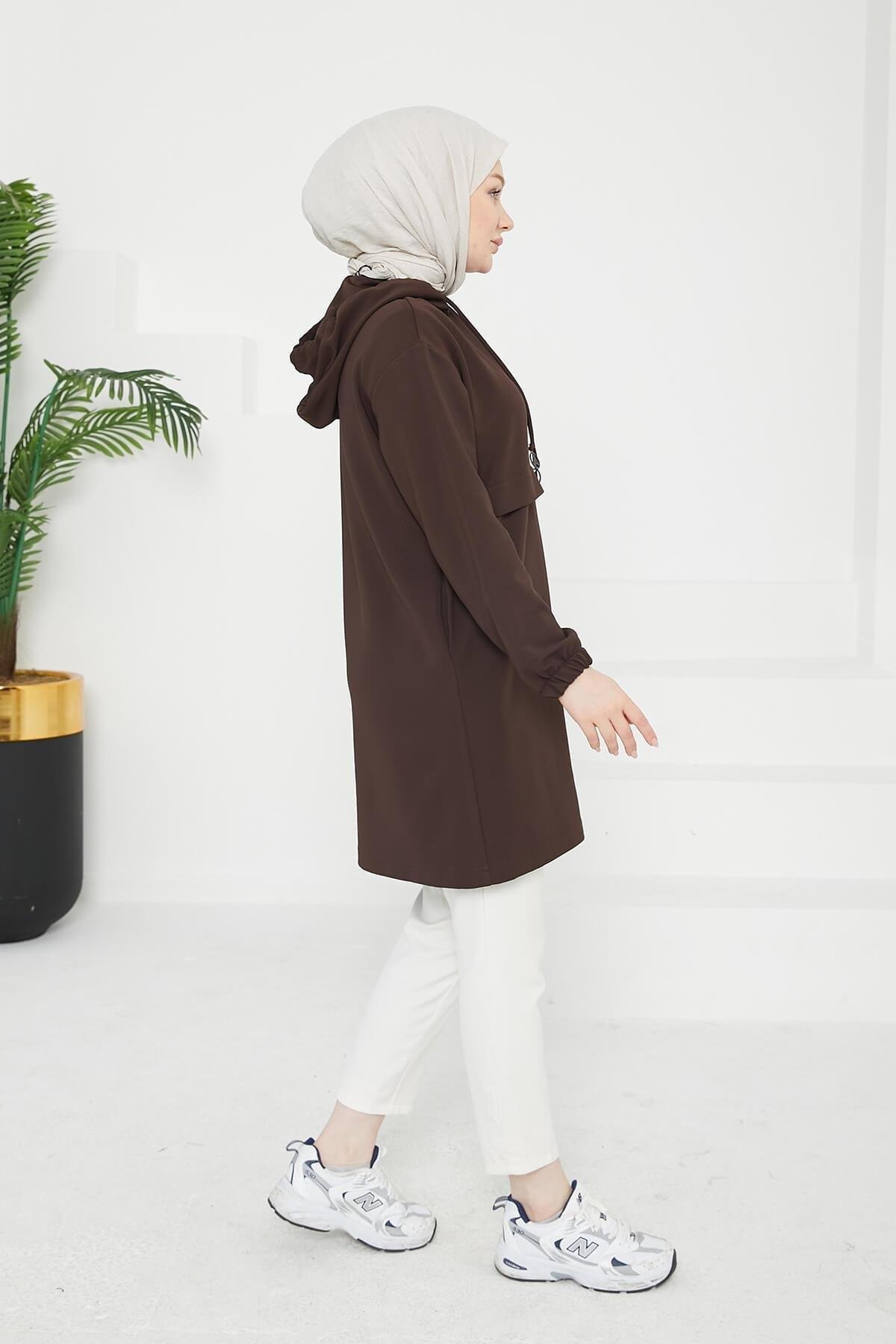 ARMİNE TREND Kapüşonlu Kolları Lastikli Tunik Kahve 25KT462