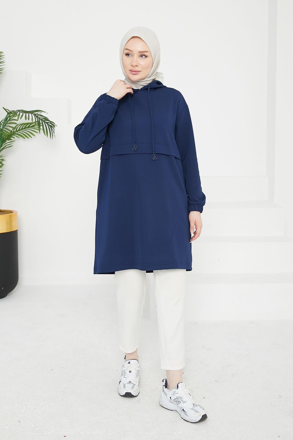 ARMİNE TREND Kapüşonlu Kolları Lastikli Tunik Lacivert 25KT462