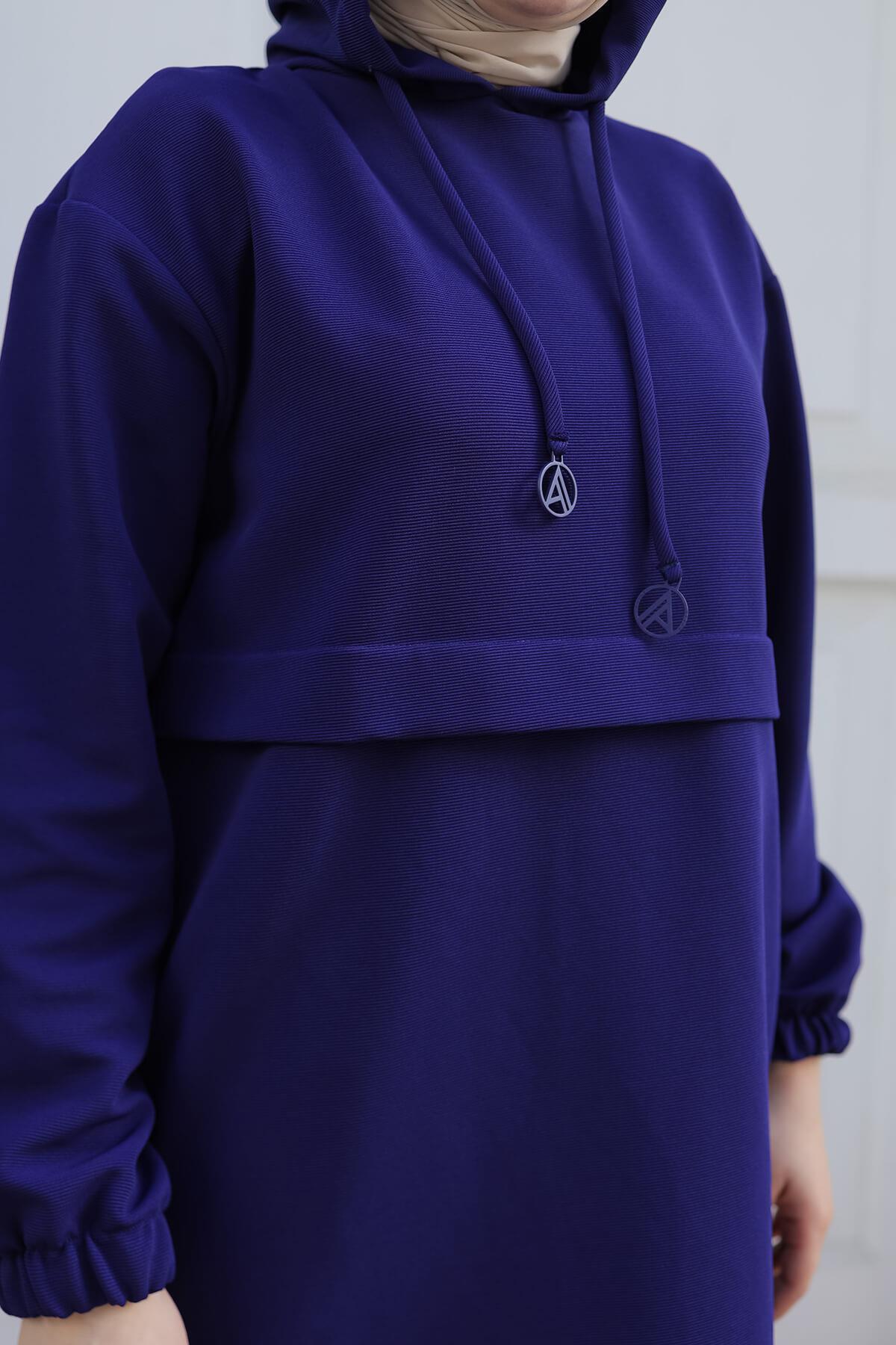 ARMİNE TREND Kapüşonlu Kolları Lastikli Tunik Saks 25KT462