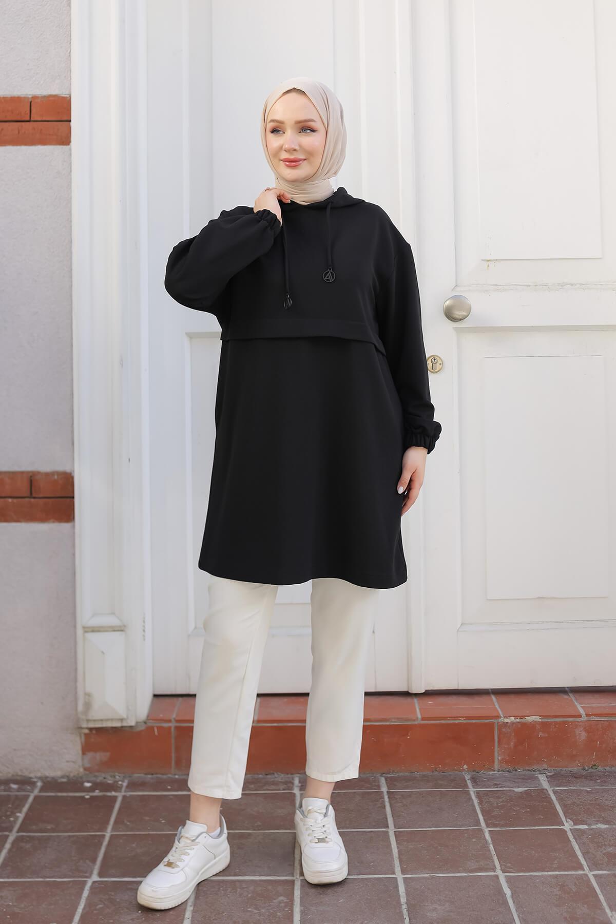 ARMİNE TREND Kapüşonlu Kolları Lastikli Tunik Siyah 25KT462