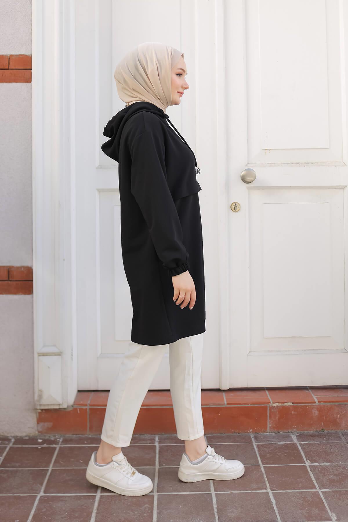 ARMİNE TREND Kapüşonlu Kolları Lastikli Tunik Siyah 25KT462
