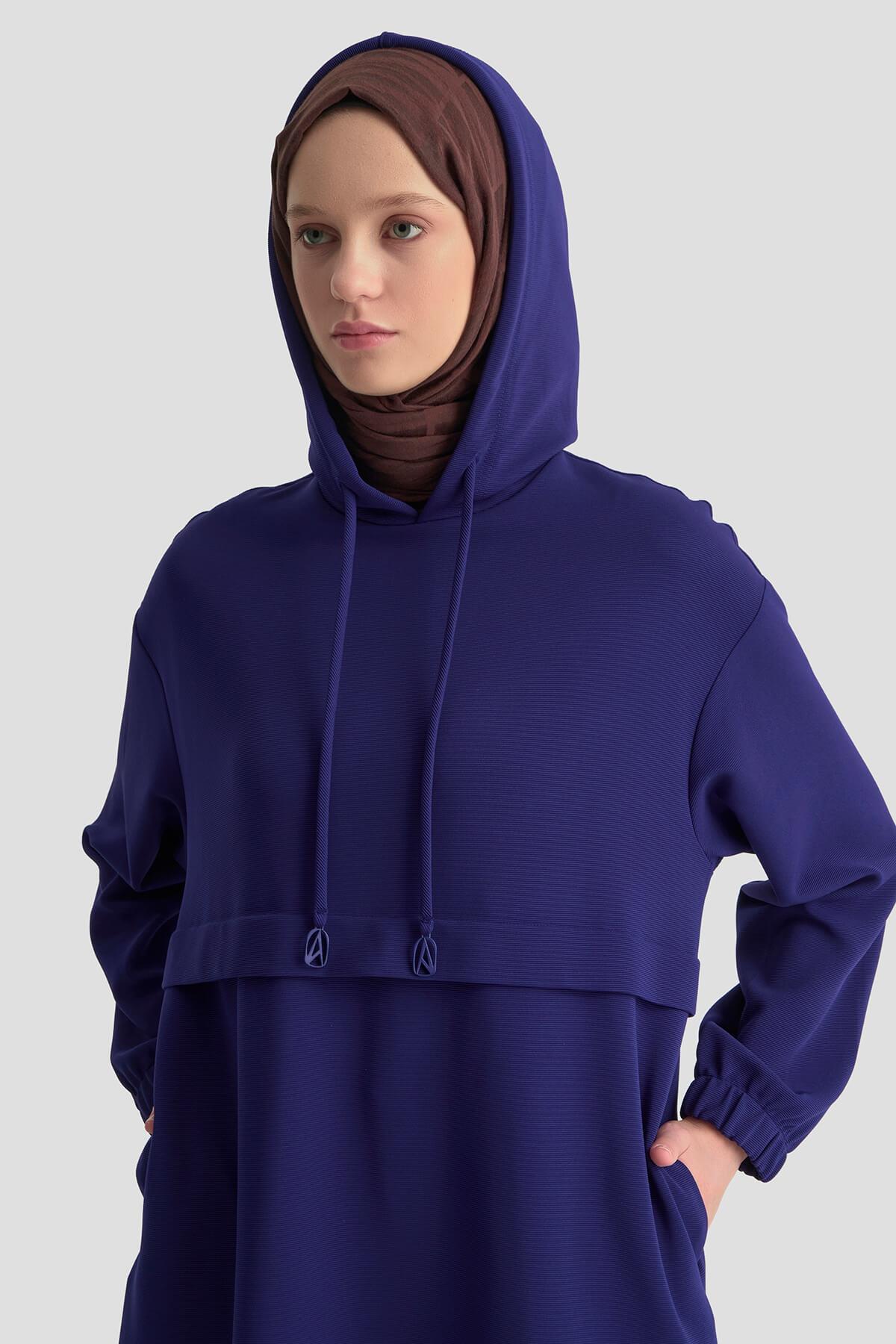 ARMİNE TREND Kapüşonlu Kolları Lastikli Tunik Saks 25KT462
