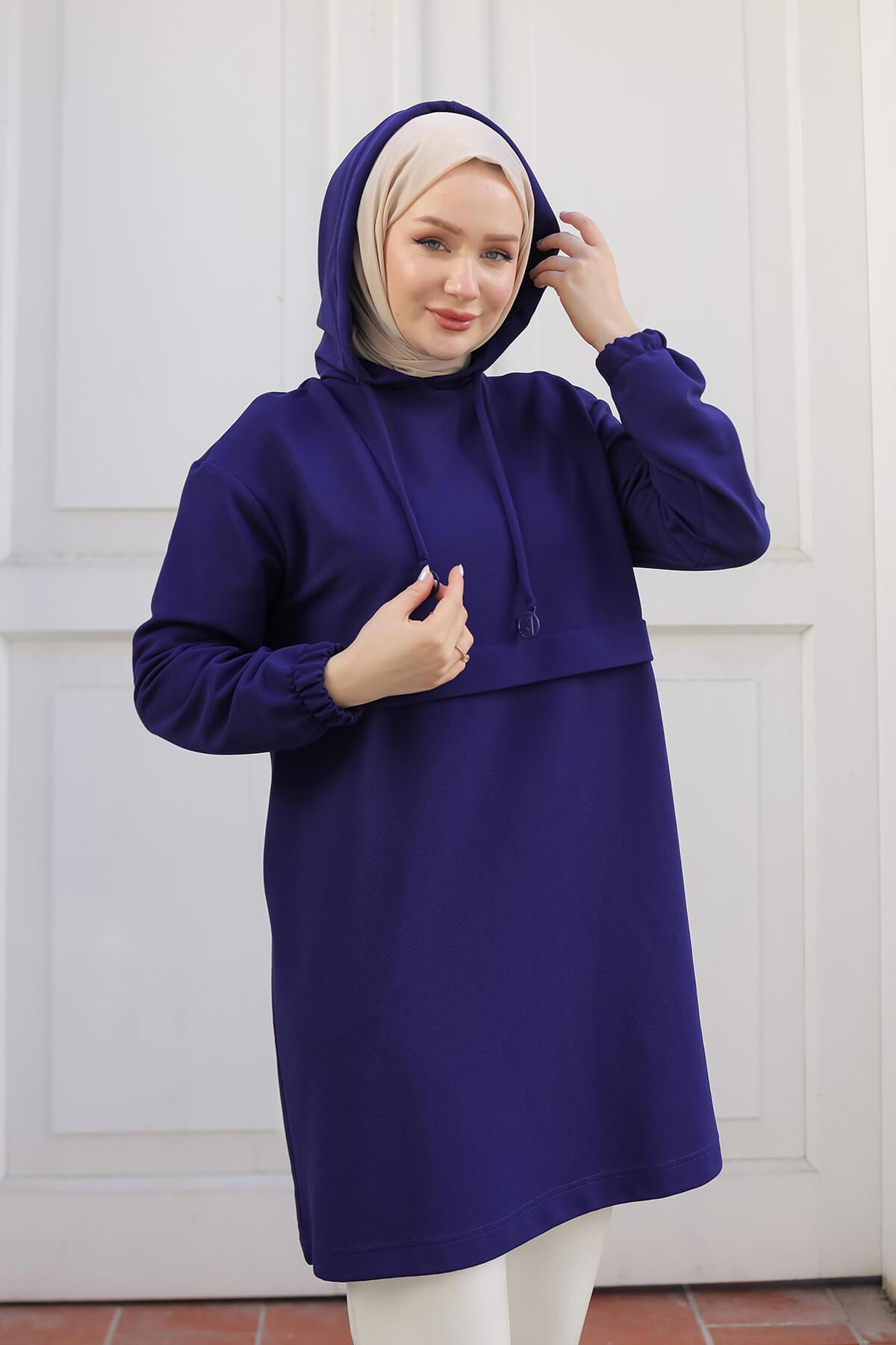 ARMİNE TREND Kapüşonlu Kolları Lastikli Tunik Saks 25KT462