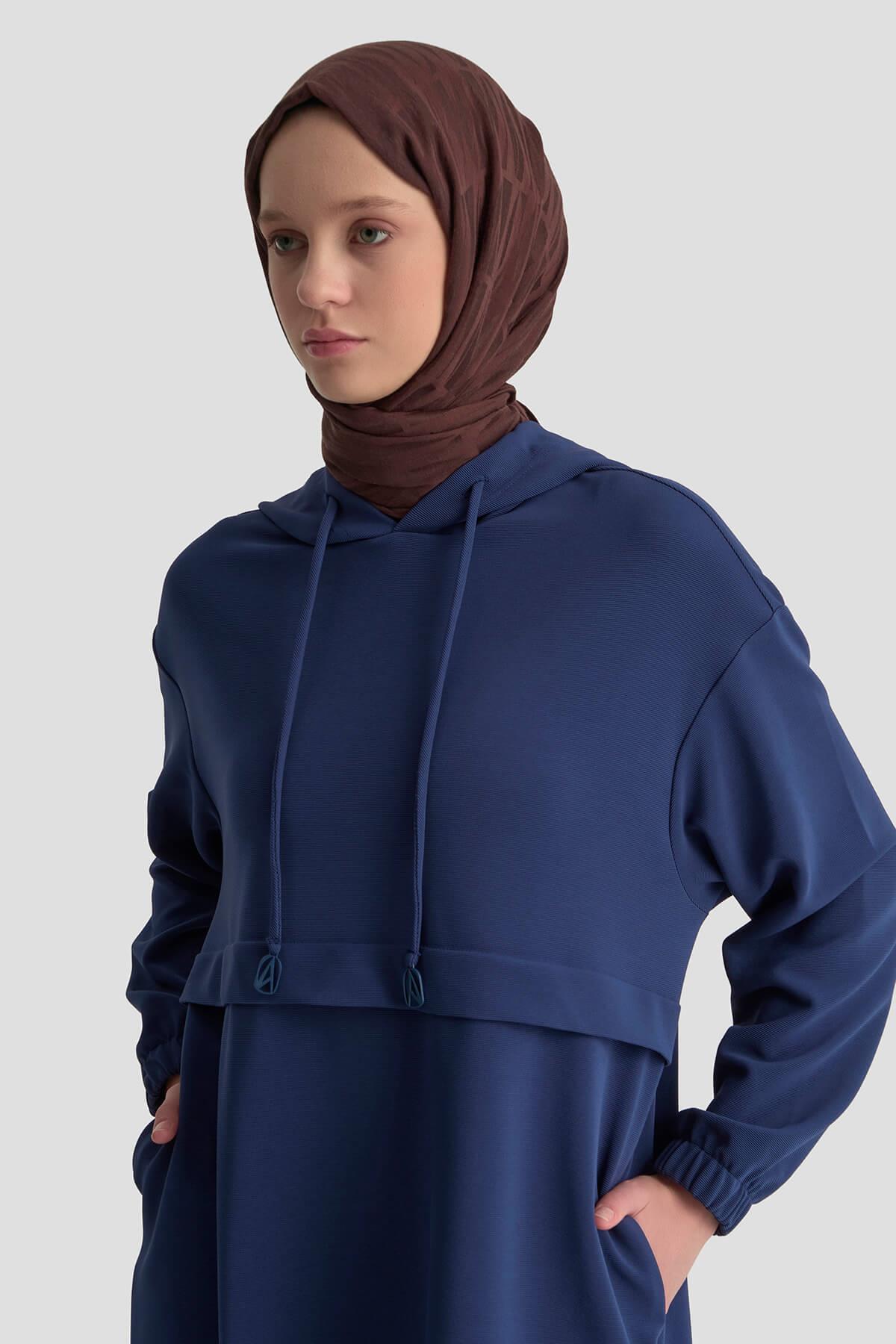 ARMİNE TREND Kapüşonlu Kolları Lastikli Tunik Lacivert 25KT462