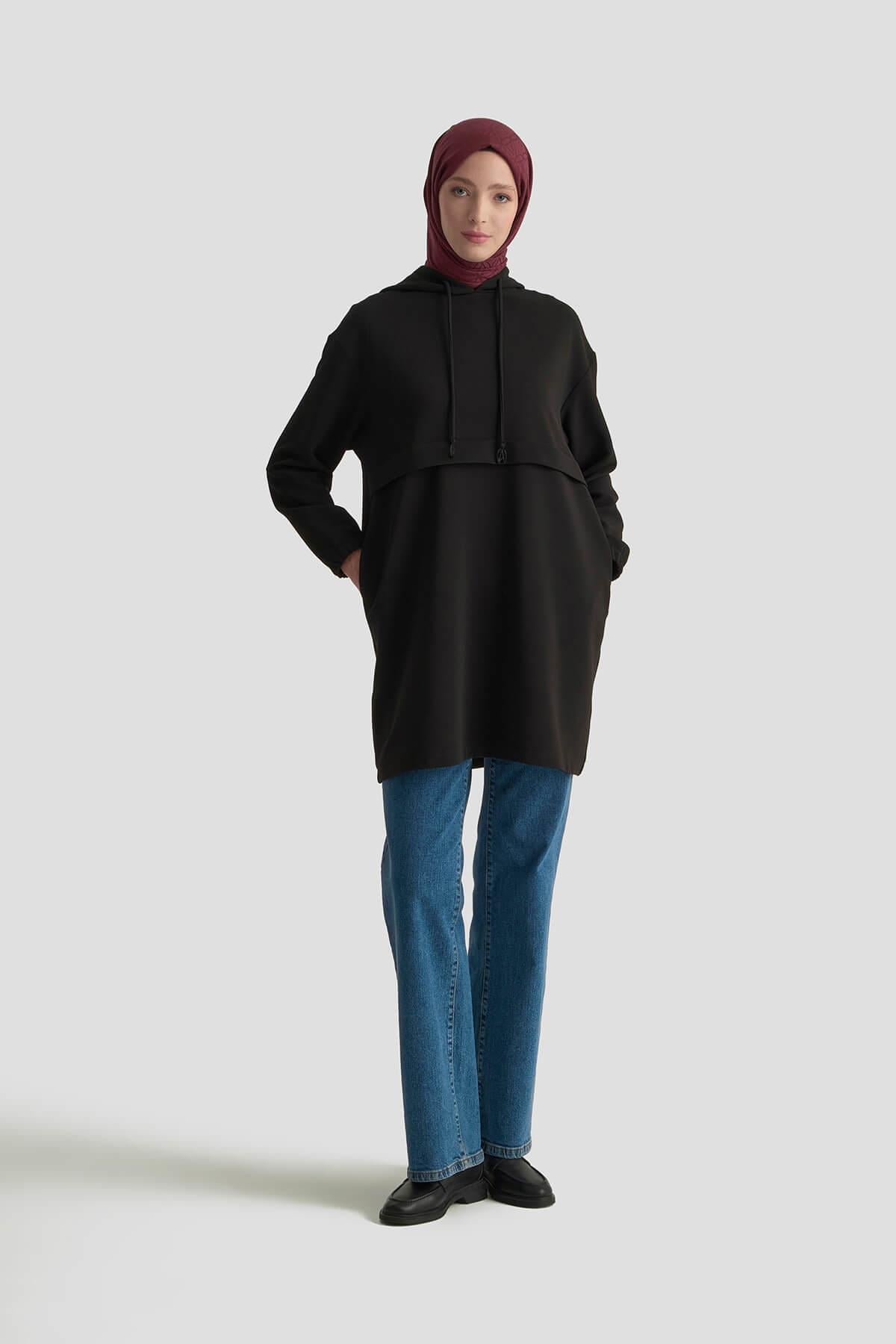 ARMİNE TREND Kapüşonlu Kolları Lastikli Tunik Siyah 25KT462