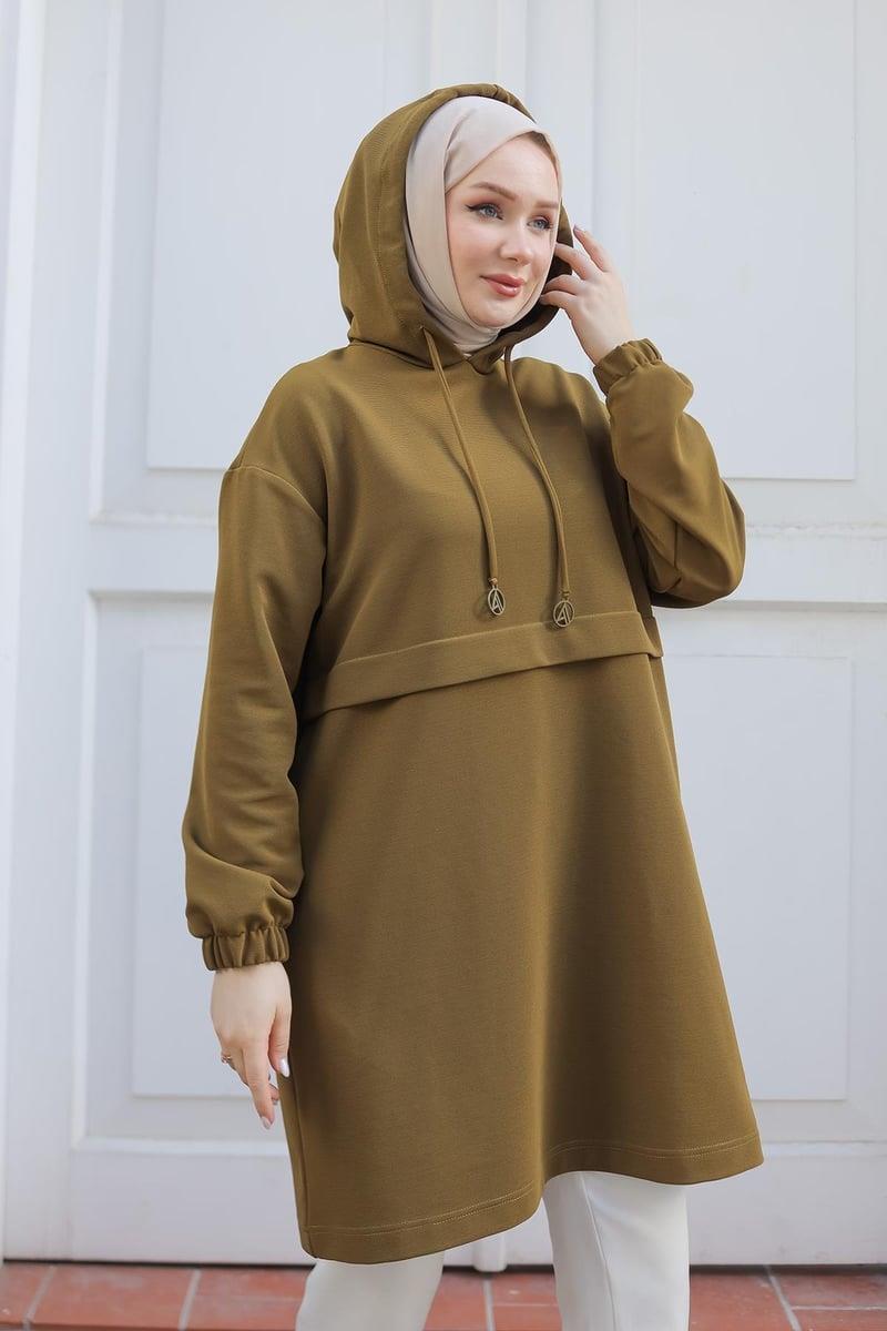 ARMİNE TREND Kapüşonlu Kolları Lastikli Tunik Yağ Yeşili 24KT454