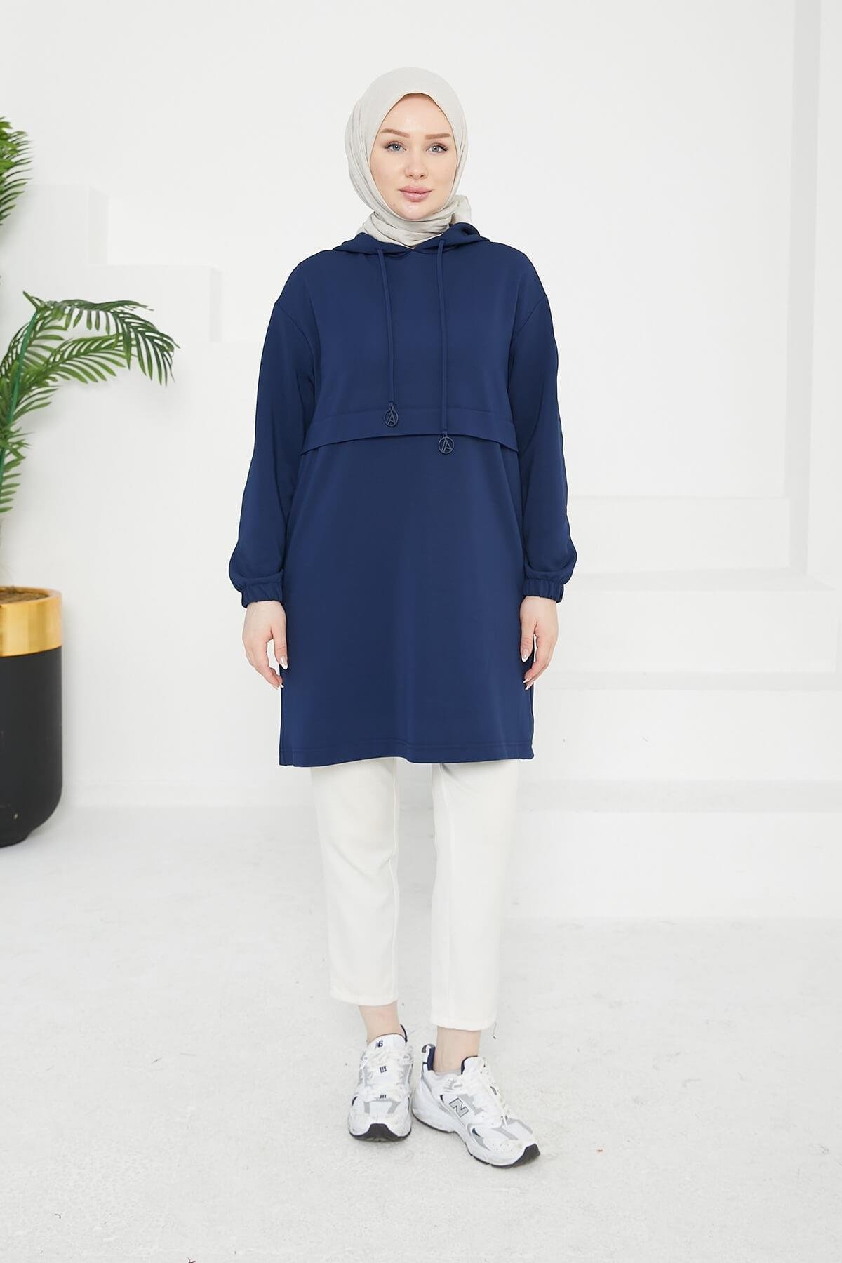 ARMİNE TREND Kapüşonlu Kolları Lastikli Tunik Lacivert 25KT462