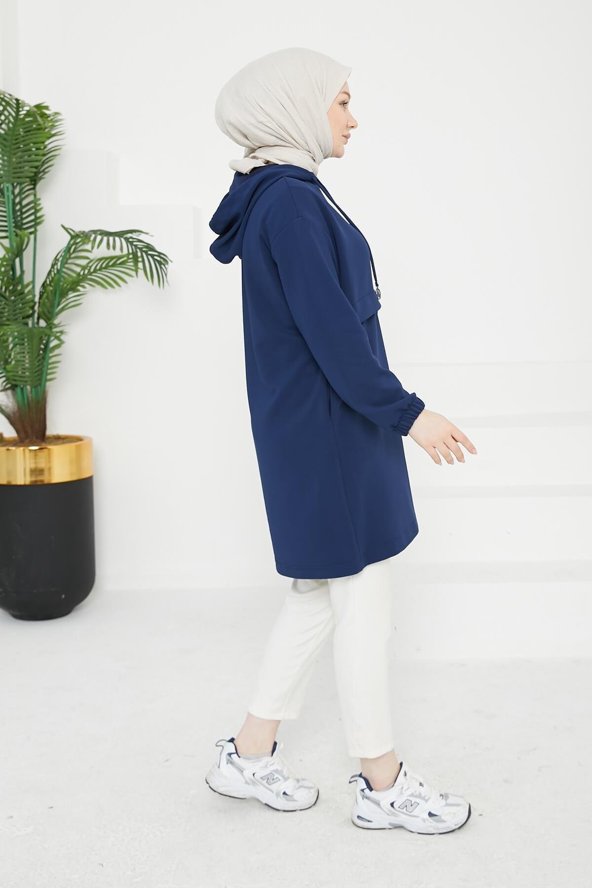 ARMİNE TREND Kapüşonlu Kolları Lastikli Tunik Lacivert 25KT462