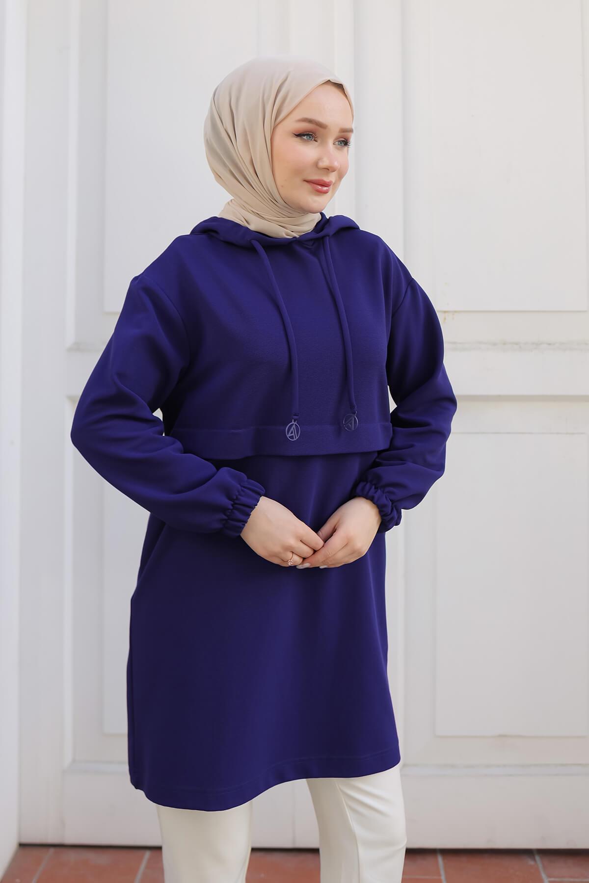 ARMİNE TREND Kapüşonlu Kolları Lastikli Tunik Saks 25KT462
