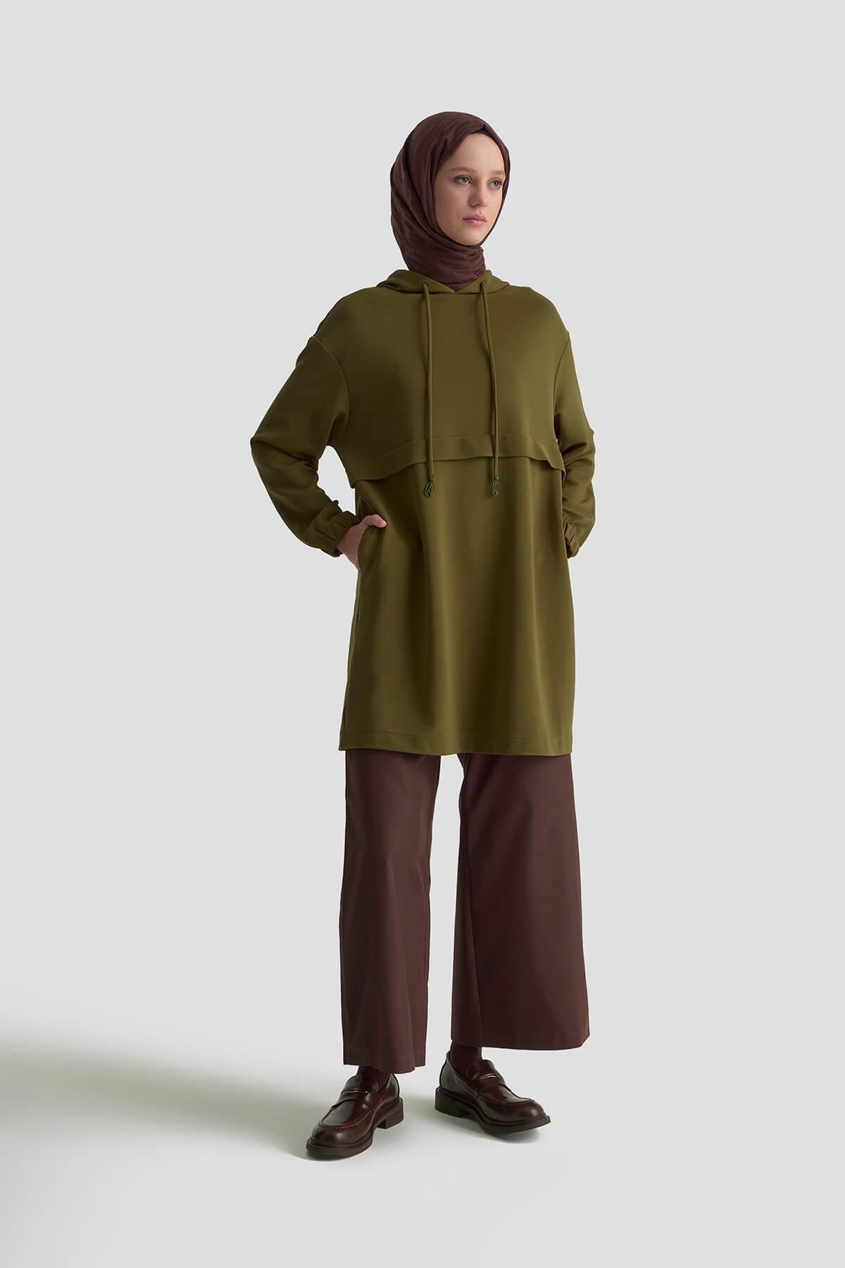 ARMİNE TREND Kapüşonlu Kolları Lastikli Tunik Haki 25KT462