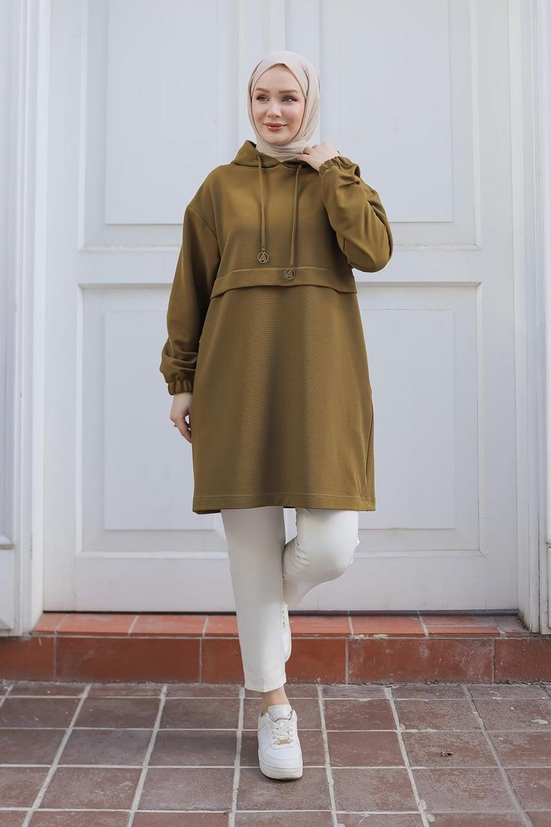 ARMİNE TREND Kapüşonlu Kolları Lastikli Tunik Yağ Yeşili 24KT454