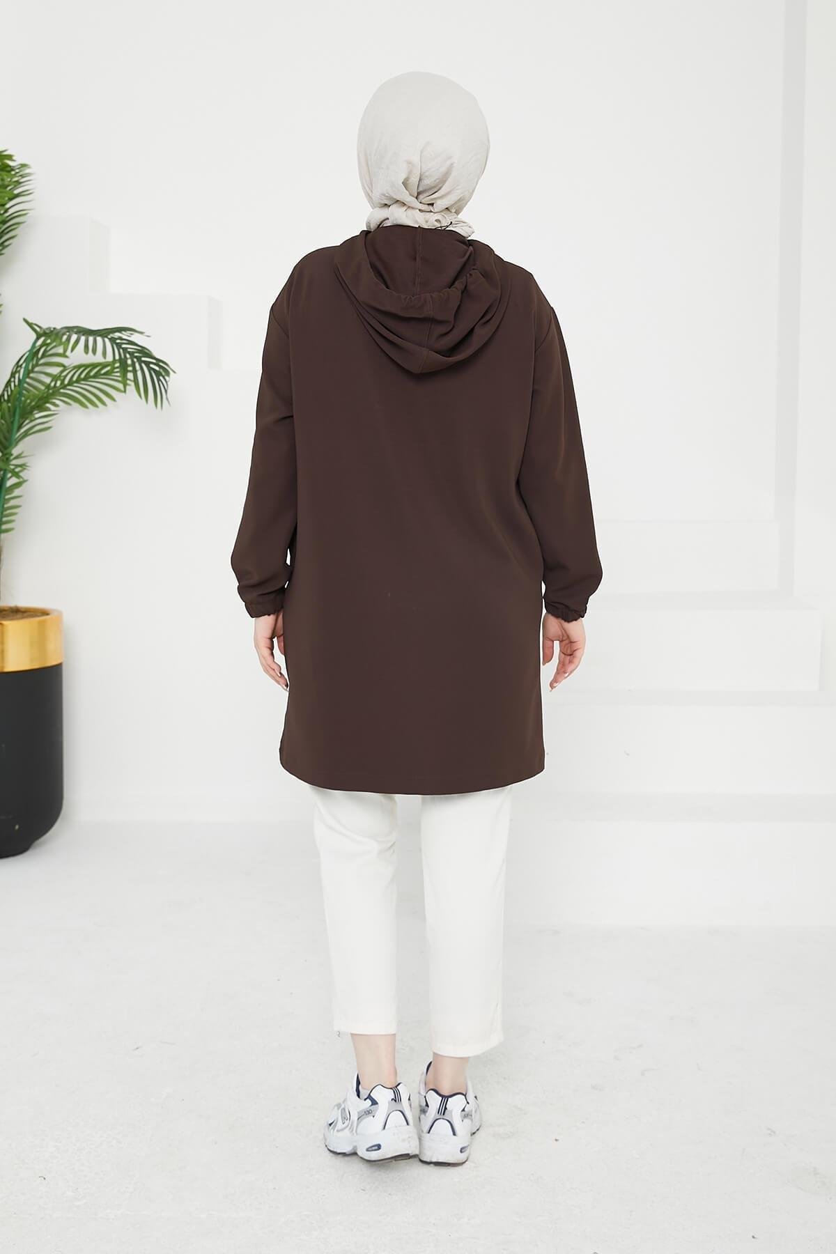ARMİNE TREND Kapüşonlu Kolları Lastikli Tunik Kahve 25KT462