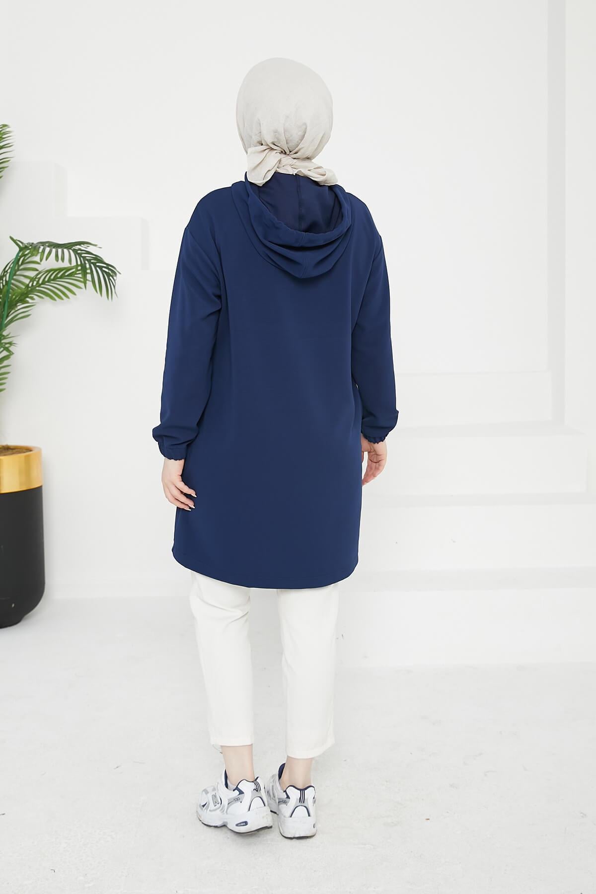 ARMİNE TREND Kapüşonlu Kolları Lastikli Tunik Lacivert 24KT454