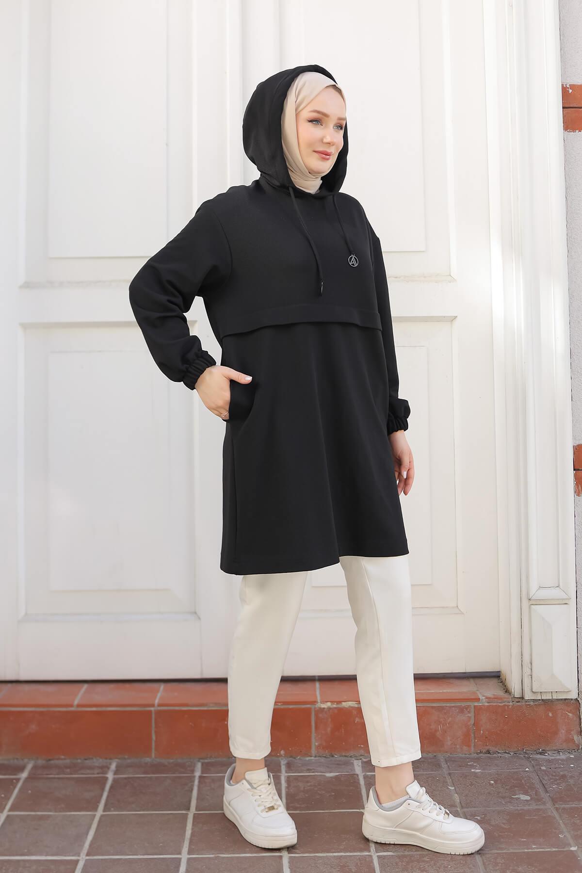 ARMİNE TREND Kapüşonlu Kolları Lastikli Tunik Siyah 25KT462