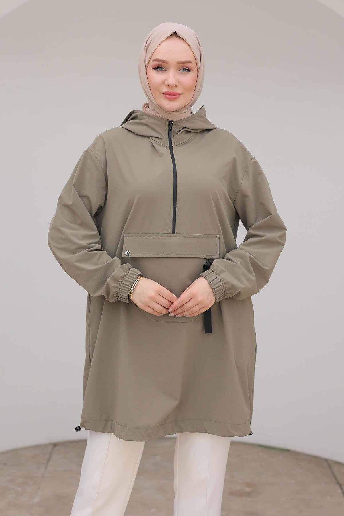 ARMİNE TREND Kapüşonlu Yarım Fermuarlı Kolları Lastikli Tunik Küf Yeşili 24KT402