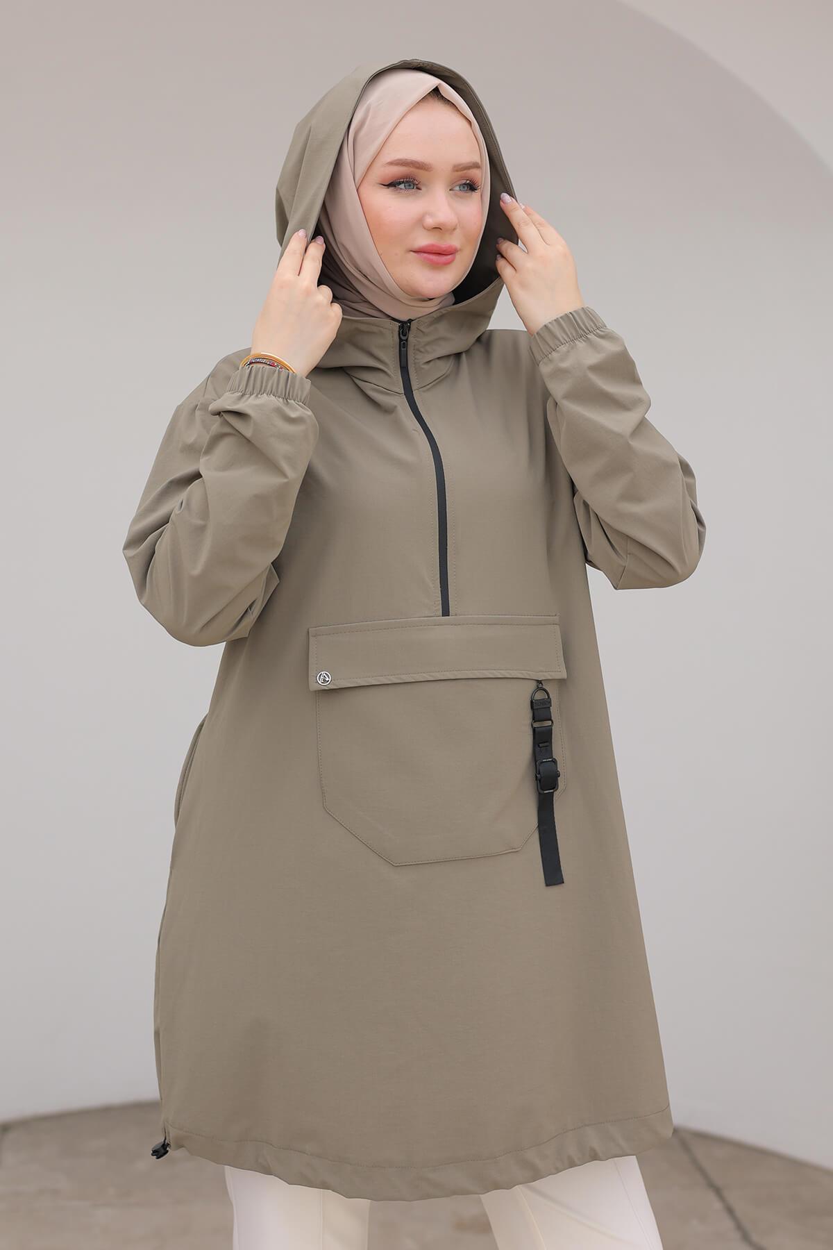 ARMİNE TREND Kapüşonlu Yarım Fermuarlı Kolları Lastikli Tunik Küf Yeşili 24KT402