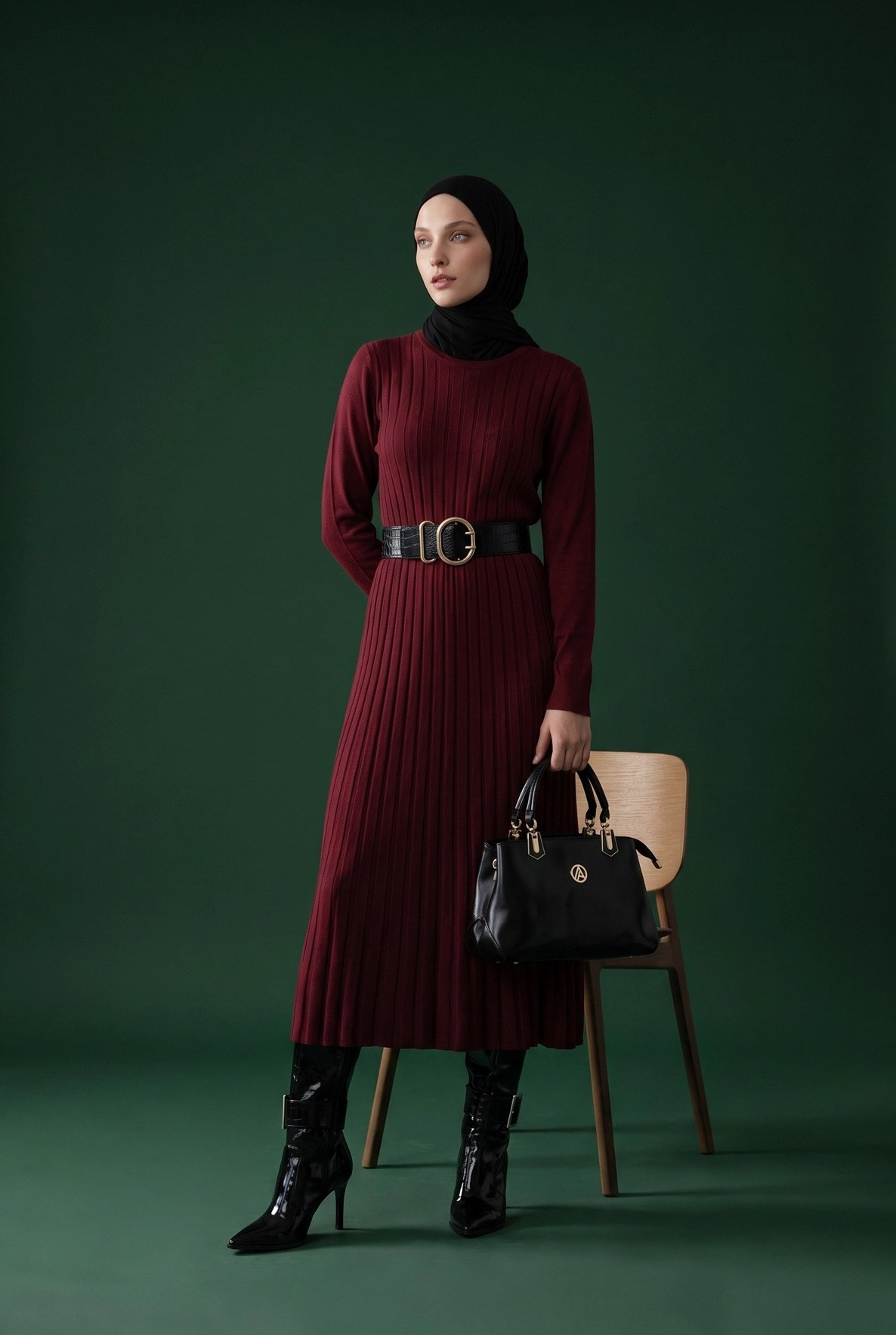 Armine TREND Kendinden Çizgili Triko Elbise Bordo 25KTD901