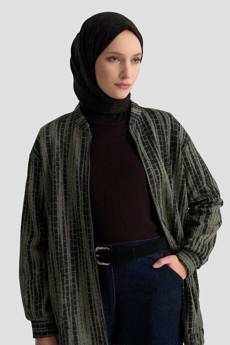 Armine TREND Kendinden Desenli Parlak Ceket Yeşil- Siyah 25KT538