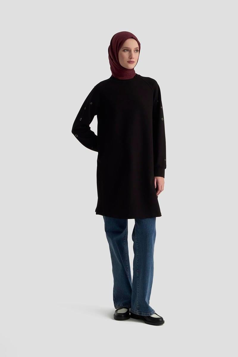 Armine TREND Kol Kuşgözü Detaylı 2 İplik Tunik Siyah 25KT431