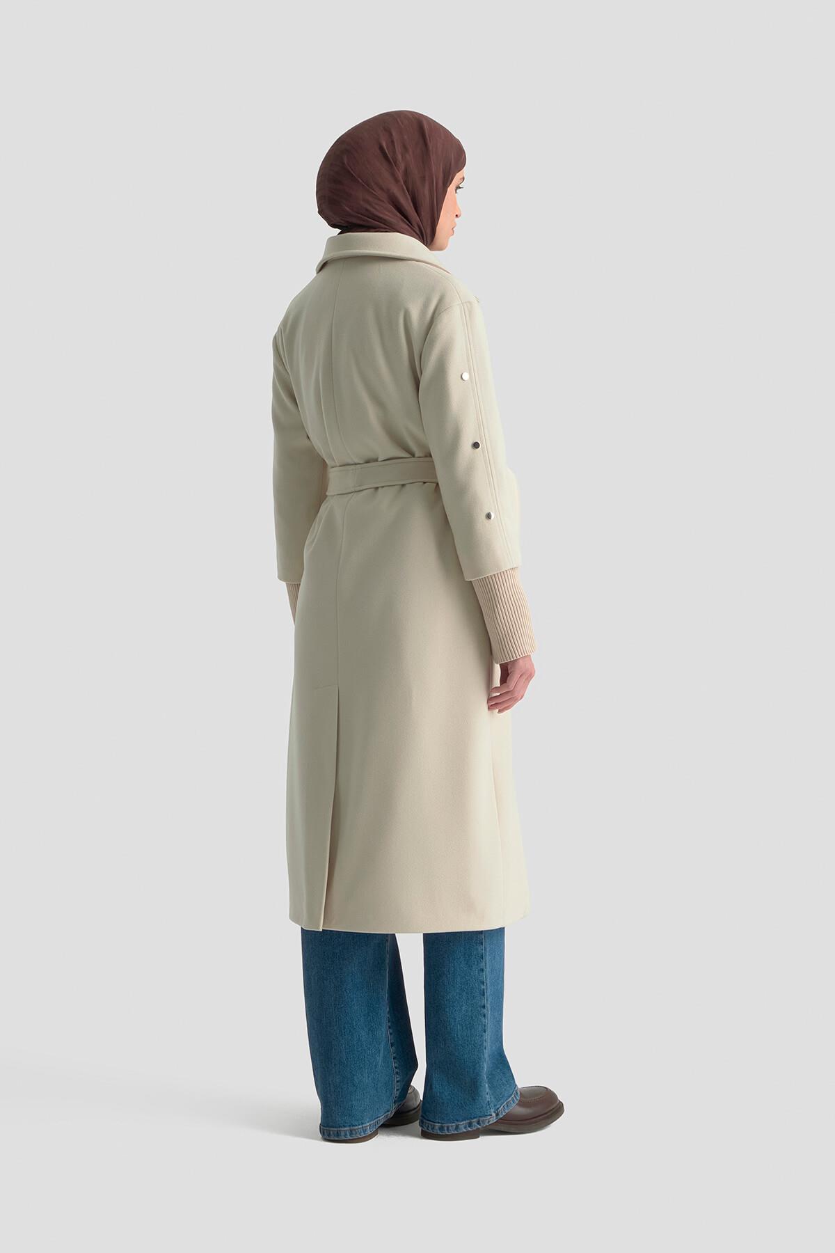 Armine TREND Kol Ucu Ribanalı Belden Bağcıklı Kaşe Kaban Taş 25KT709