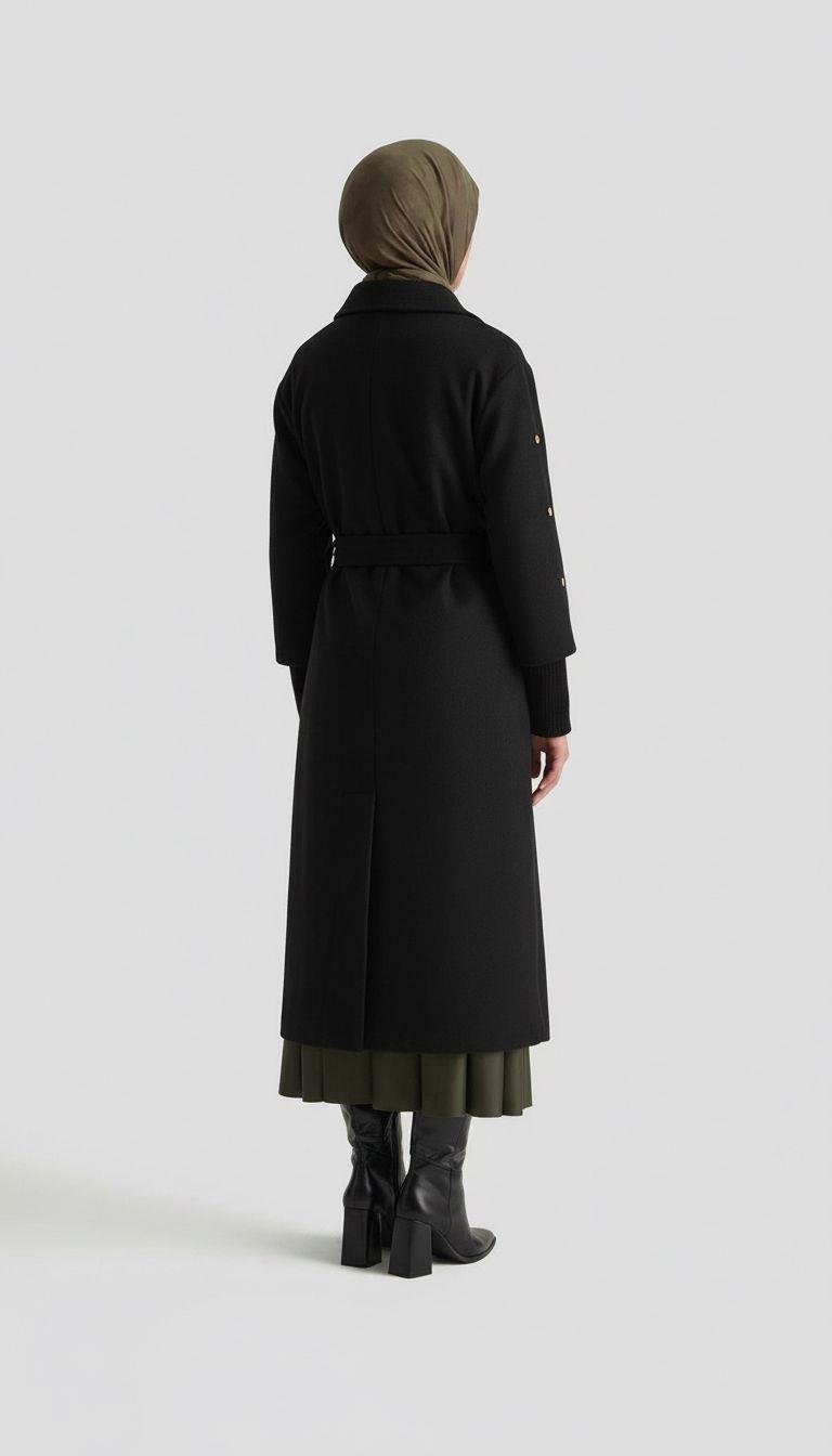 Armine TREND Kol Ucu Ribanalı Belden Bağcıklı Kaşe Kaban Siyah 25KT709