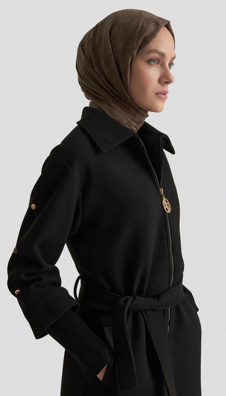 Armine TREND Kol Ucu Ribanalı Belden Bağcıklı Kaşe Kaban Siyah 25KT709