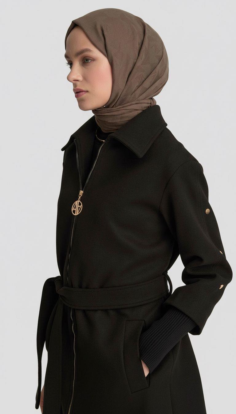 Armine TREND Kol Ucu Ribanalı Belden Bağcıklı Kaşe Kaban Siyah 25KT709