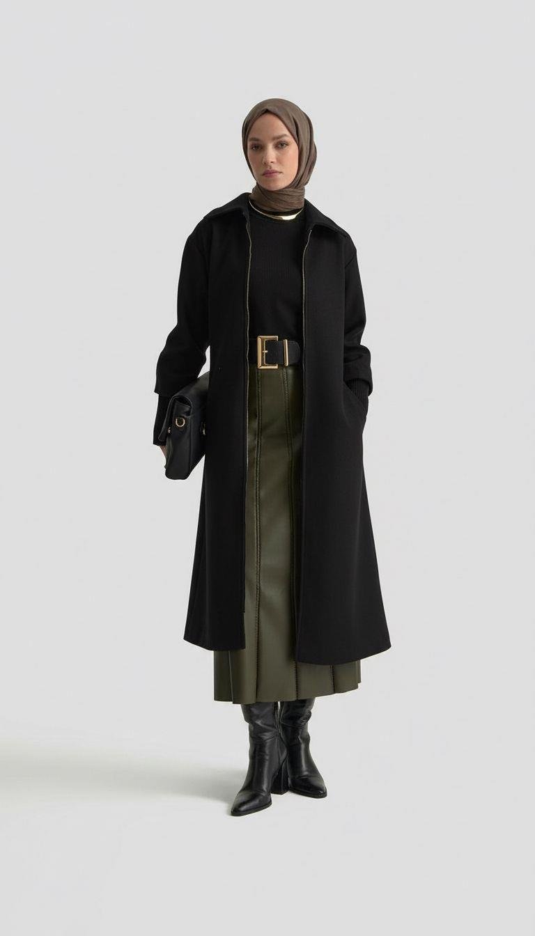 Armine TREND Kol Ucu Ribanalı Belden Bağcıklı Kaşe Kaban Siyah 25KT709