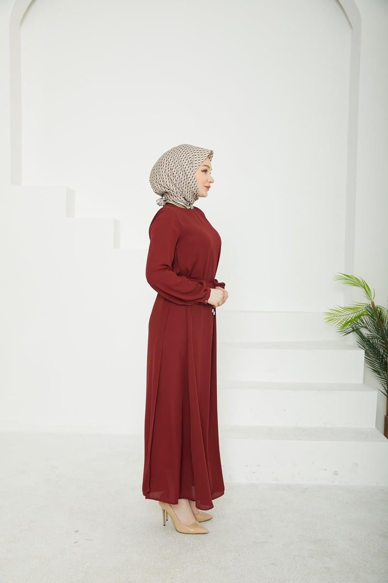 ARMİNE TREND Kolları Lastikli Astarlı Elbise Bordo 25YT927