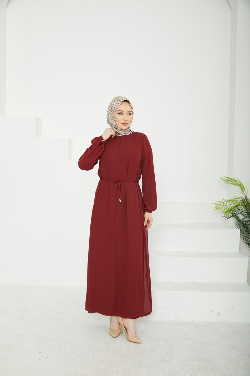ARMİNE TREND Kolları Lastikli Astarlı Elbise Bordo 25YT927