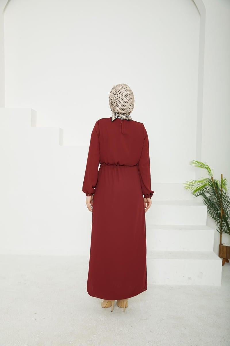 ARMİNE TREND Kolları Lastikli Astarlı Elbise Bordo 25YT927