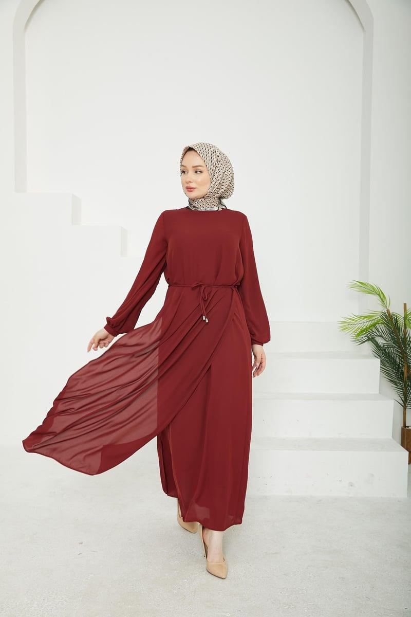 ARMİNE TREND Kolları Lastikli Astarlı Elbise Bordo 25YT927