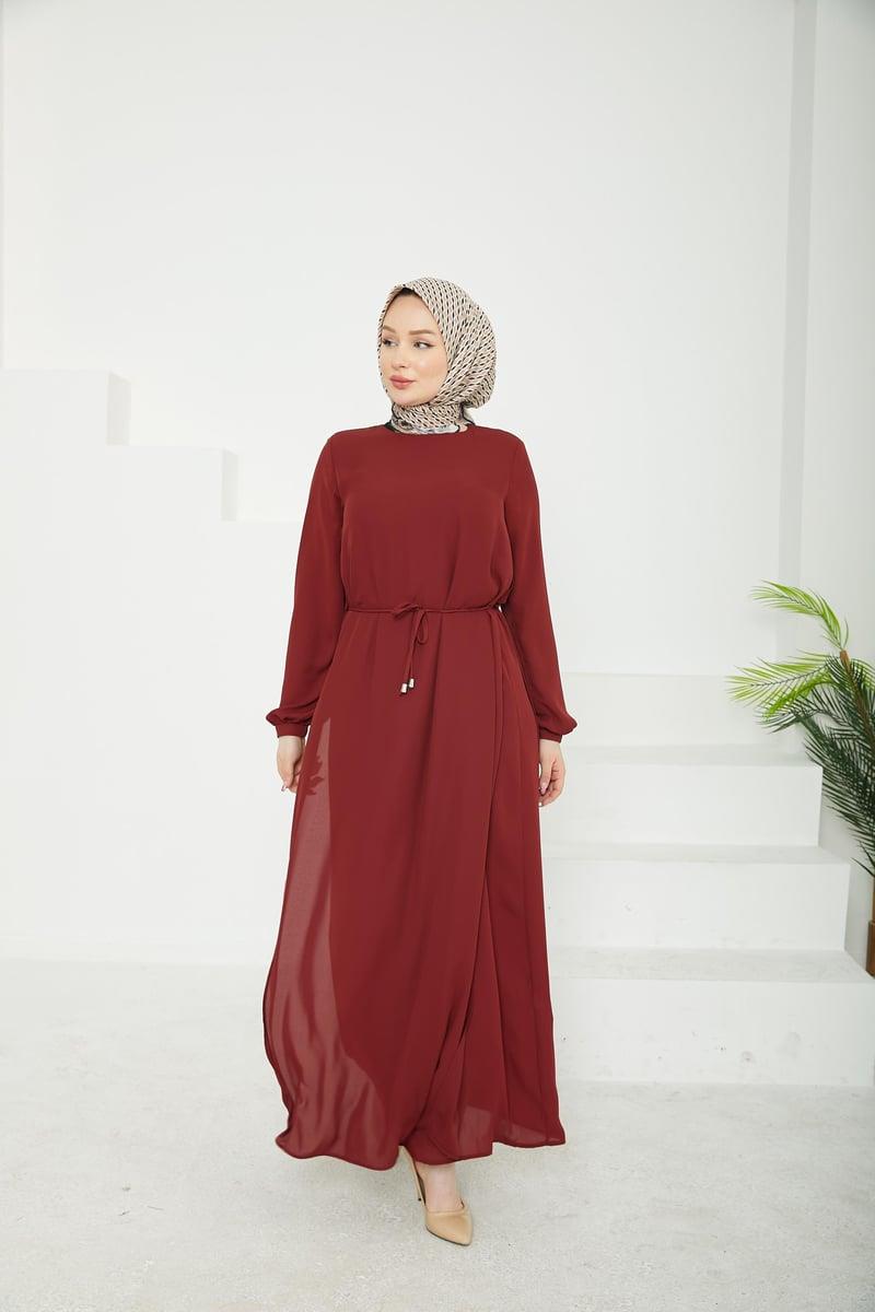 ARMİNE TREND Kolları Lastikli Astarlı Elbise Bordo 25YT927