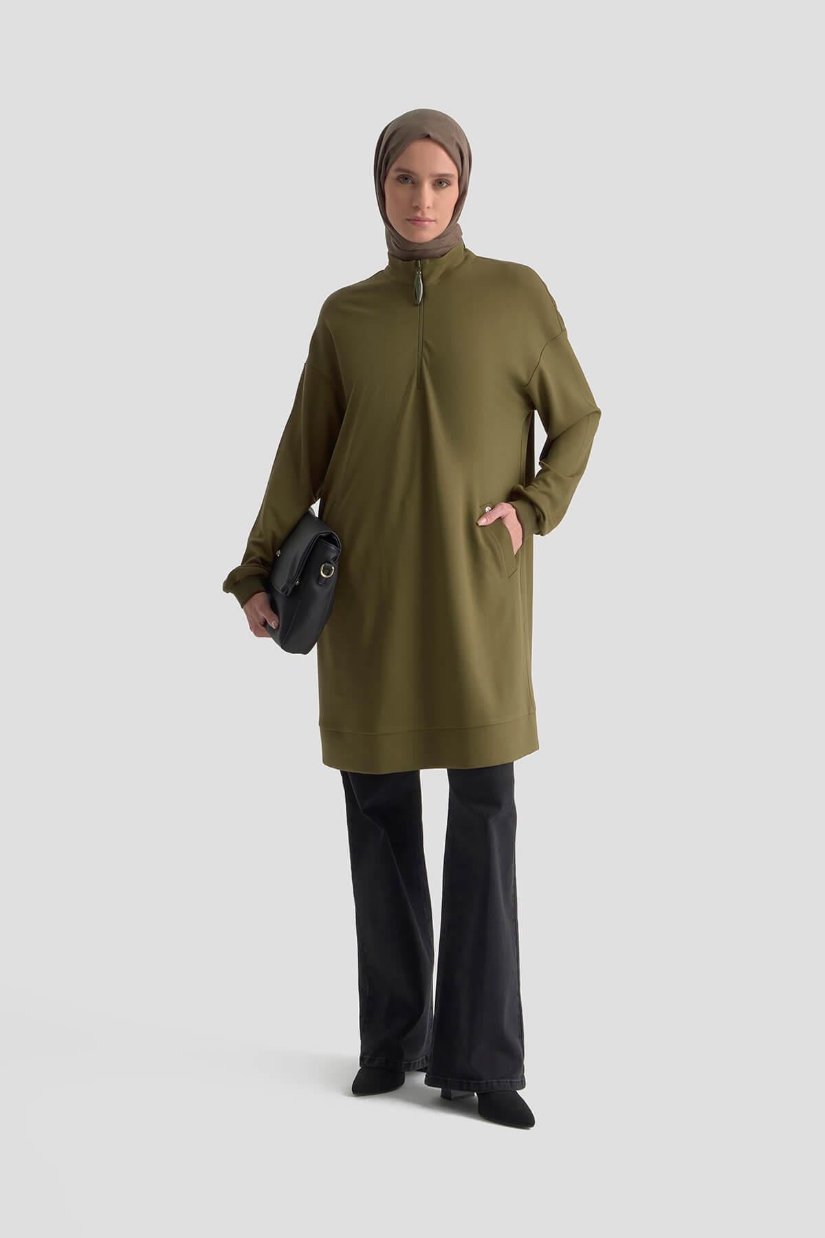 Armine TREND Kolları Ribanalı Bayan Tunik Yağ Yeşili 25KT461