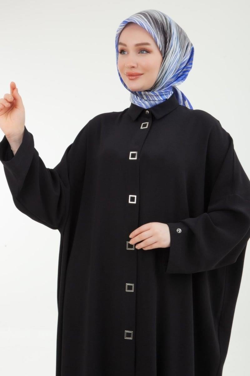 ARMİNE TREND Krep Kumaşlı Boydan Kare Çıtçıtlı Yırtmaçlı Giy Çık Siyah 24YT533