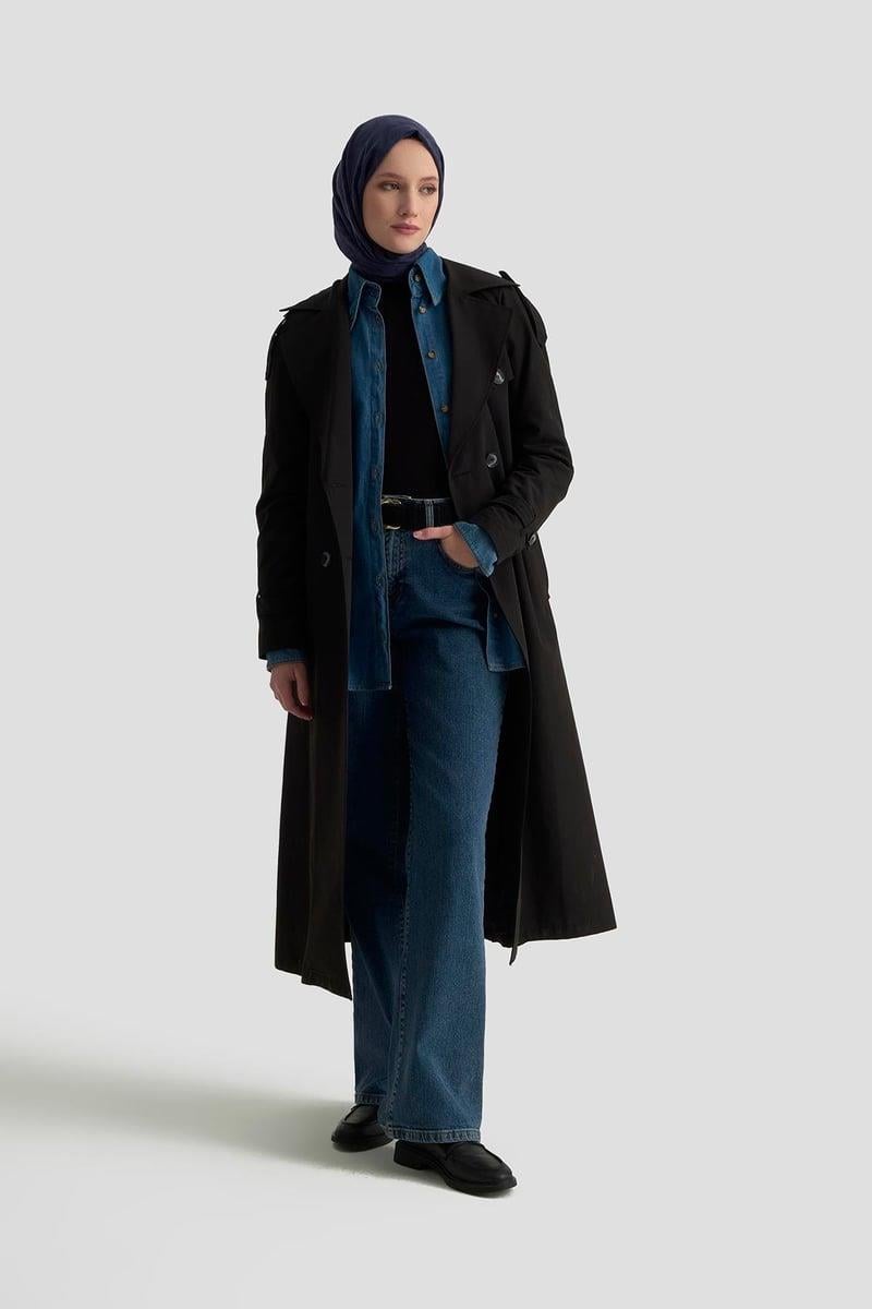 ARMİNE TREND Kruvaze Kapamalı Düğmeli Belden Kuşaklı Kap Siyah 25KT720