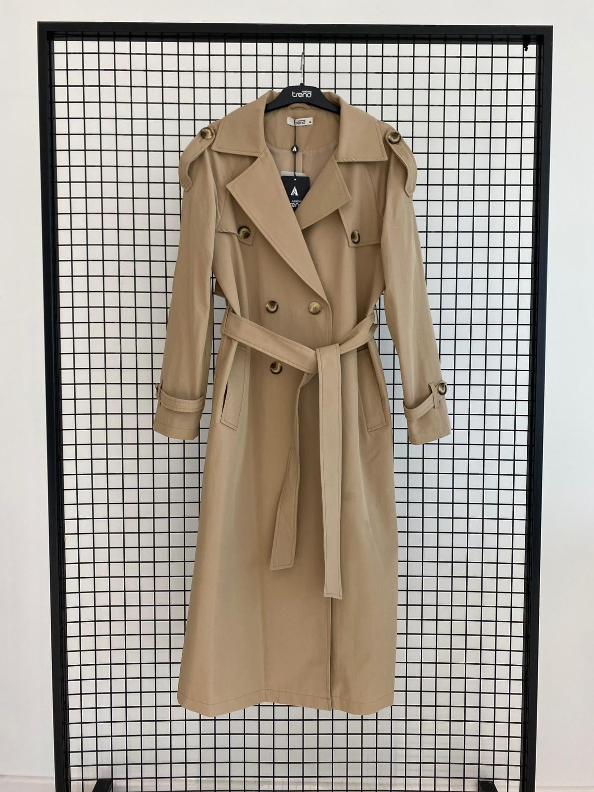 ARMİNE TREND Kruvaze Kapamalı Düğmeli Belden Kuşaklı Kap Bej 25KT707