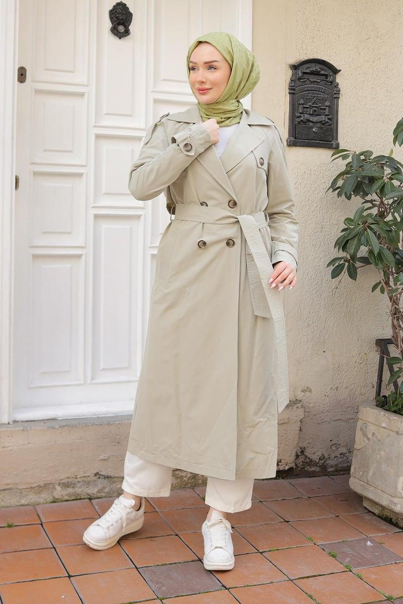 ARMİNE TREND Kruvaze Kapamalı Düğmeli Belden Kuşaklı Kap Küf Yeşili 26YT707