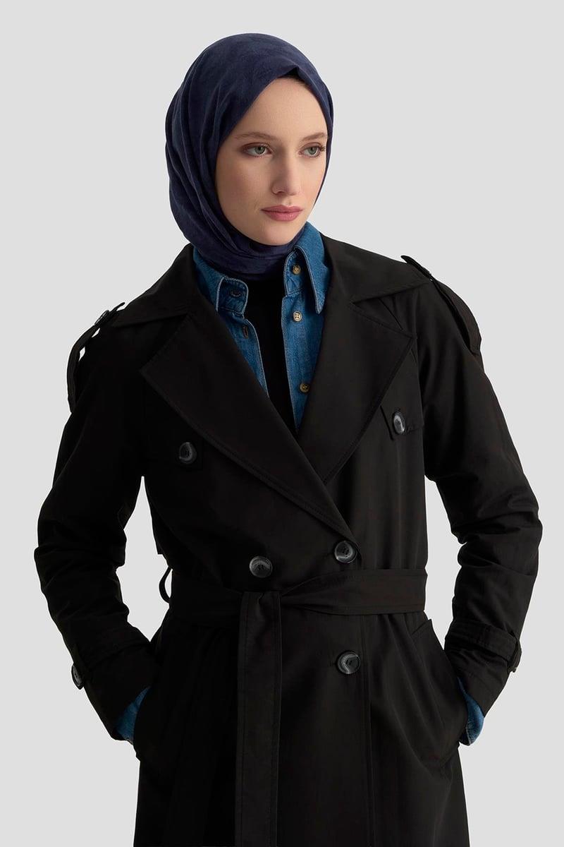 ARMİNE TREND Kruvaze Kapamalı Düğmeli Belden Kuşaklı Kap Siyah 25KT720