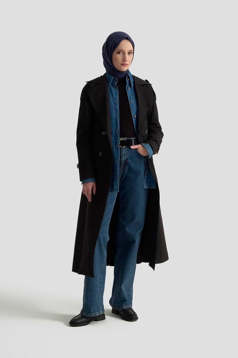 ARMİNE TREND Kruvaze Kapamalı Düğmeli Belden Kuşaklı Kap Siyah 25KT720