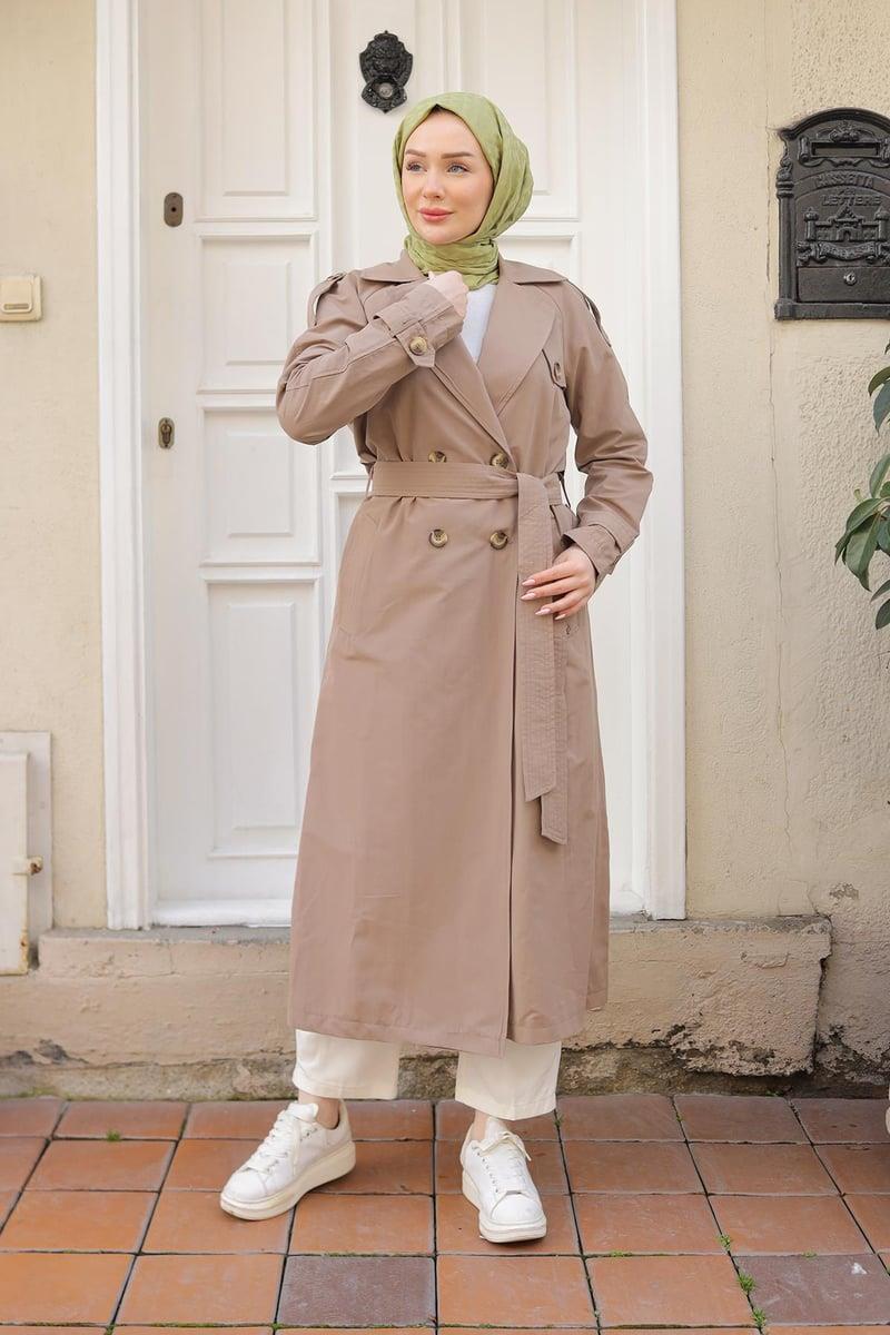 ARMİNE TREND Kruvaze Kapamalı Düğmeli Belden Kuşaklı Kap Bej 26YT707