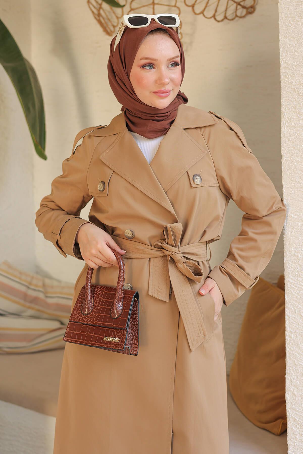 ARMİNE TREND Kruvaze Kapamalı Kemerli Trençkot Camel 24KT803