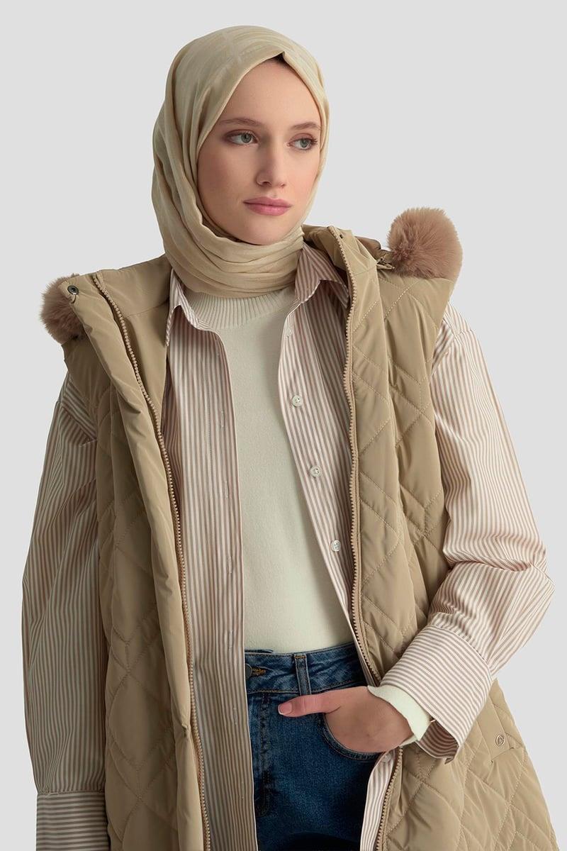 Armine TREND Kürk Yaka Kapitone Şişme Yelek Bej 25KT505