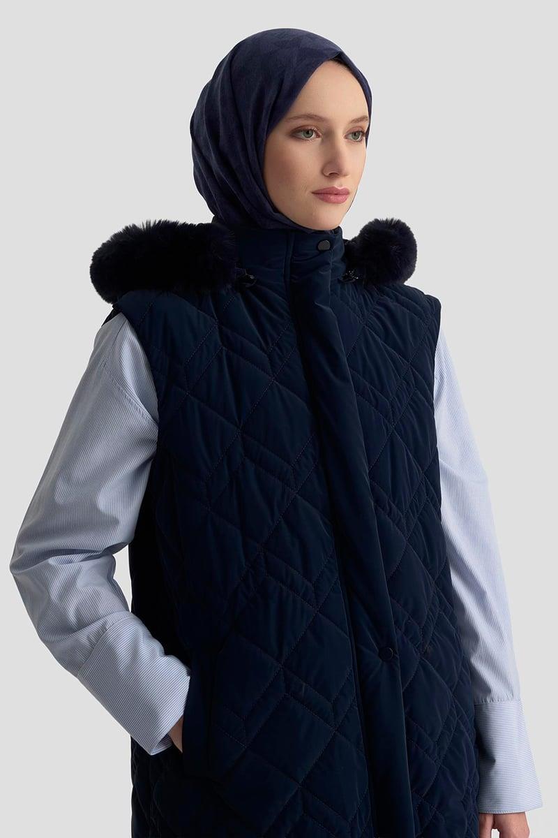 Armine TREND Kürk Yaka Kapitone Şişme Yelek Lacivert 25KT505