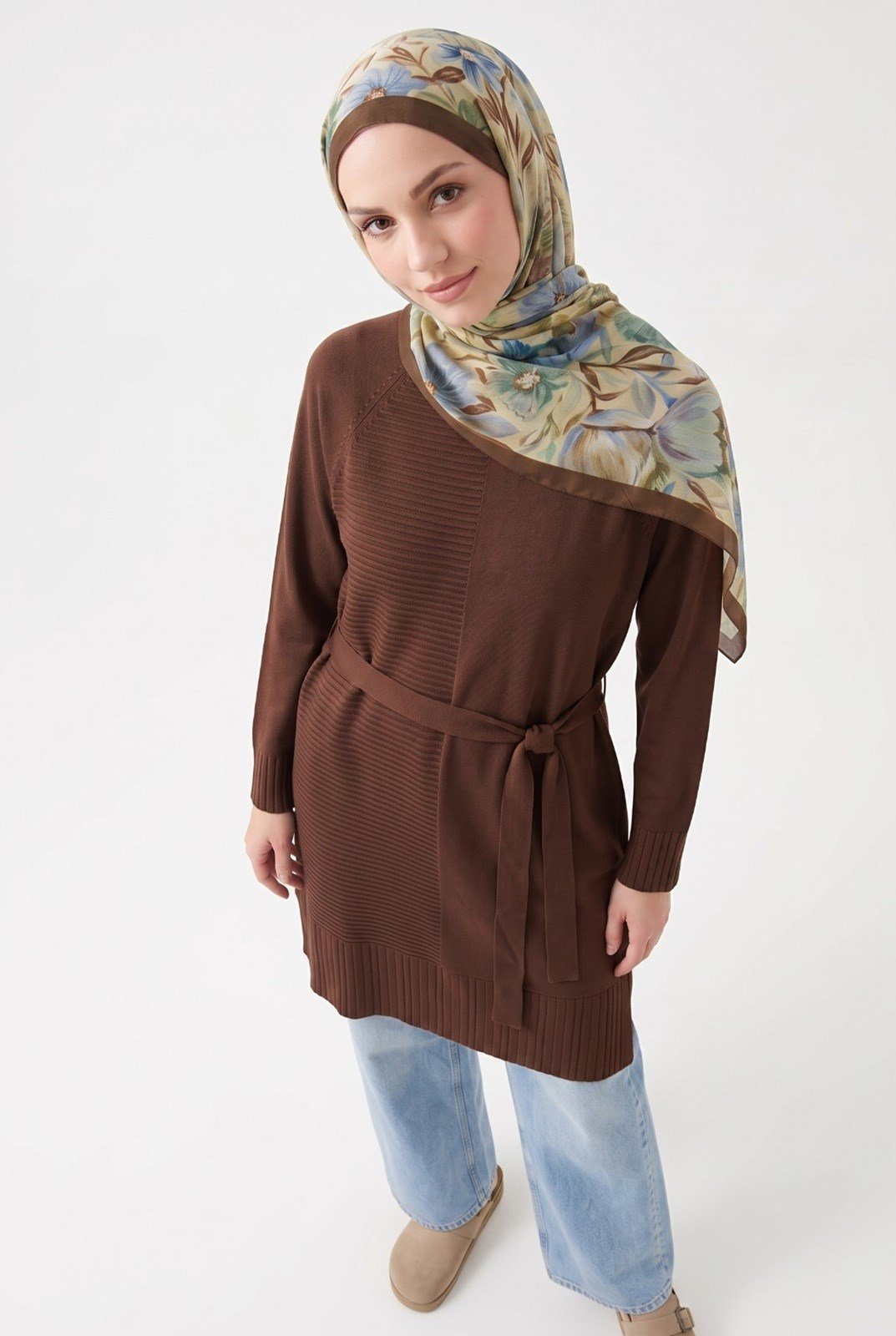 Armine TREND Kuşaklı Çizgili Uzun Triko Tunik Kahverengi 26ktd410