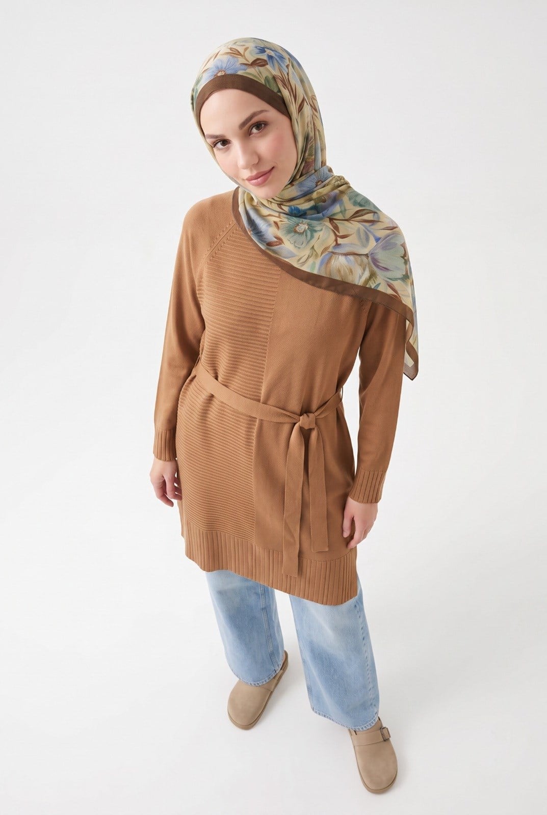 Armine TREND Kuşaklı Çizgili Uzun Triko Tunik Koyu Taş 26ktd410