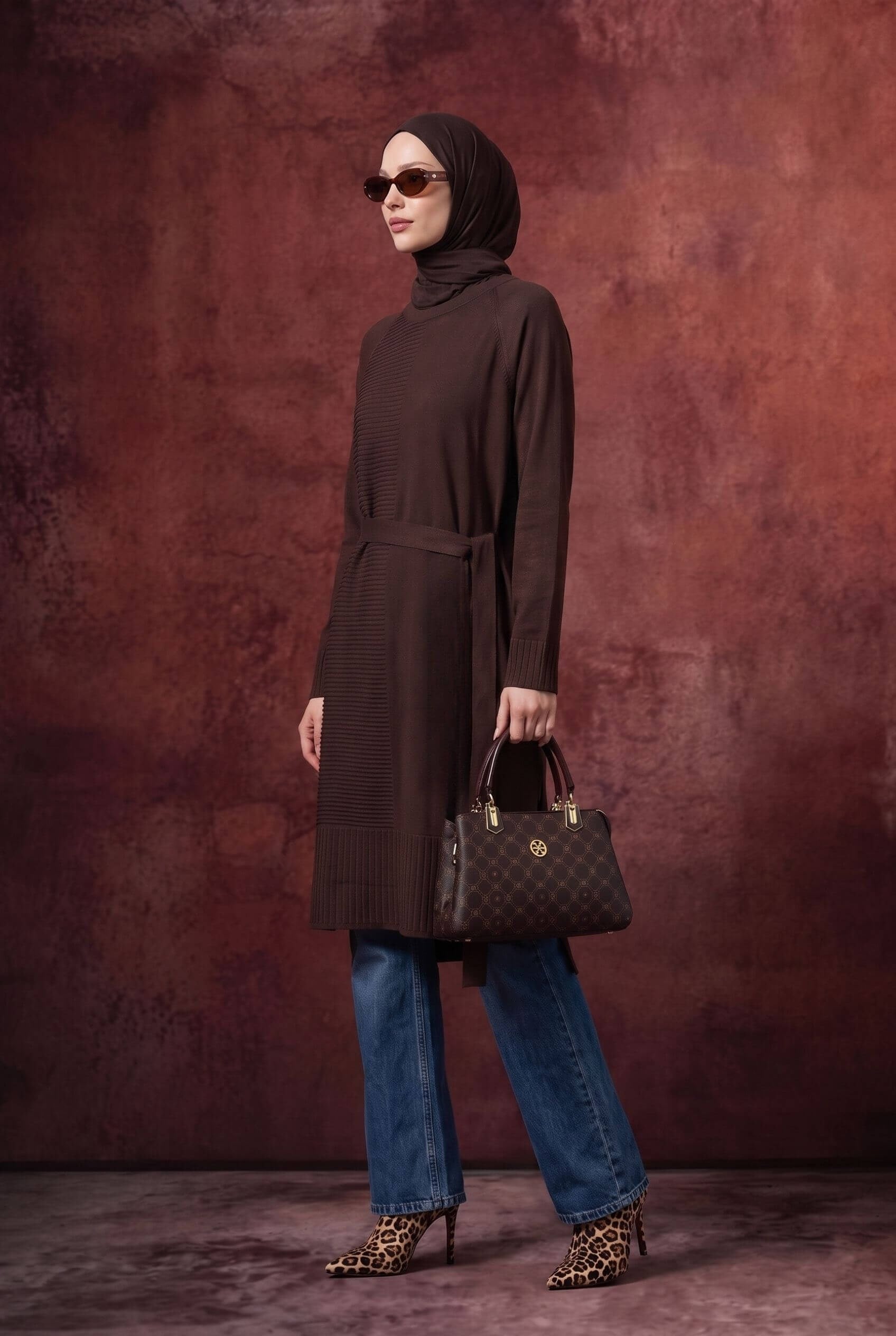 Armine TREND Kuşaklı Çizgili Uzun Triko Tunik Kahverengi 26ktd410