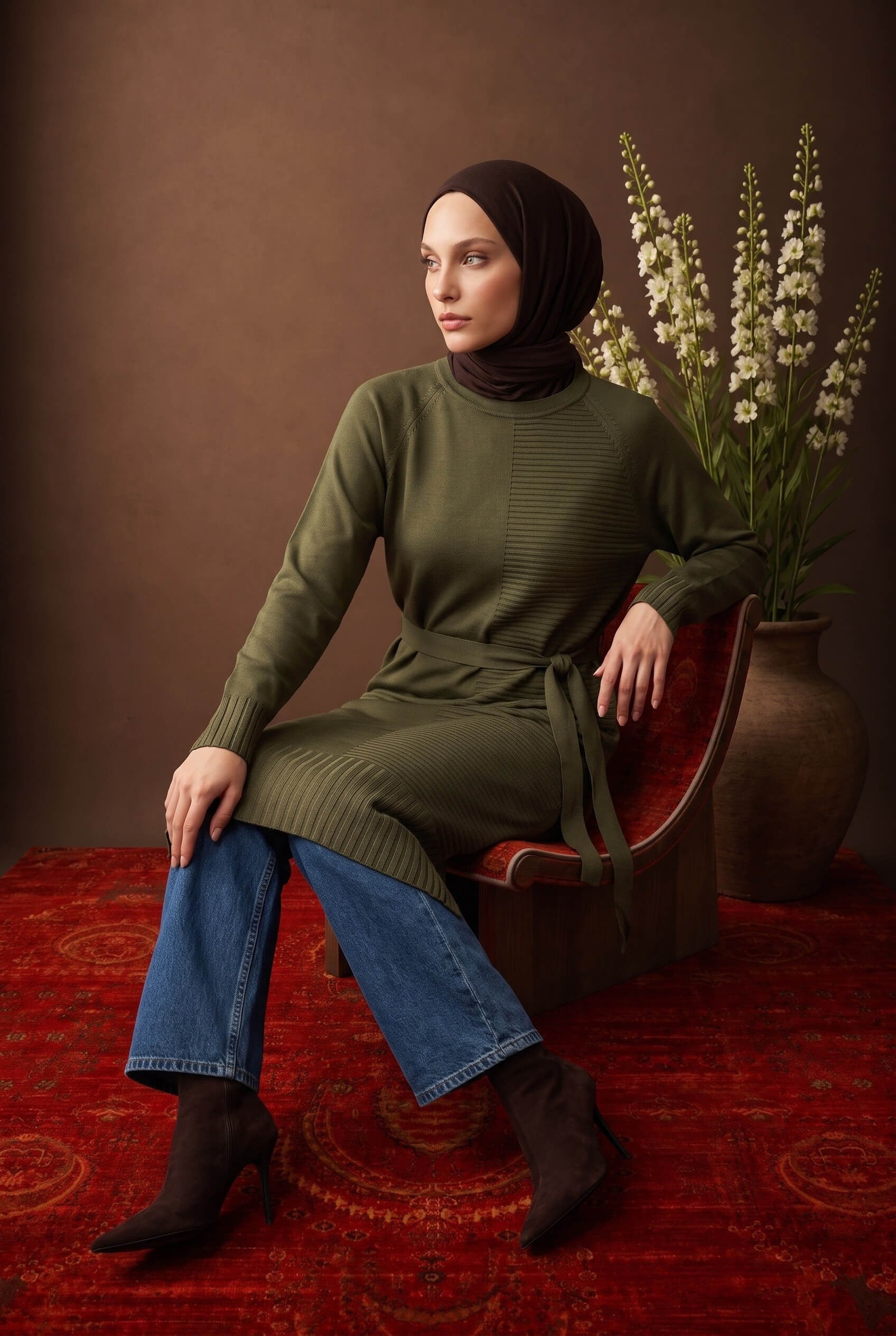 Armine TREND Kuşaklı Çizgili Uzun Triko Tunik Haki 26ktd410